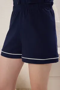 TRENDYOLMİLLA Navy Blue Piped Dog and Slogan Embroidered OF shorts Knitting Pajama Set - Image 3