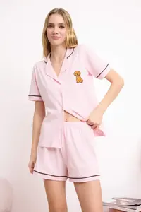 TRENDYOLMİLLA Pink Piped Dog and Slogan Embroidered OF shorts Knitting Pajama Set