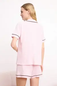 TRENDYOLMİLLA Pink Piped Dog and Slogan Embroidered OF shorts Knitting Pajama Set - Image 4