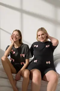 TRENDYOLMİLLA Anthracite 100% Cotton Ribbon/with bow OF shorts Knitting Pajama Set - Image 2