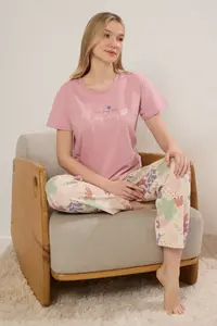 TRENDYOLMİLLA Pink 100% Cotton Floral Slogan Knitting Pajama Set - Image 2