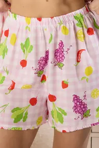 TRENDYOLMİLLA Pink-Multicolored Checkered and Vegetable Patterned Frilly Viscose OF shorts Weaving Pajama Set - Image 4