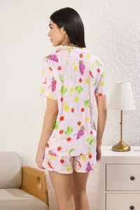 TRENDYOLMİLLA Pink-Multicolored Checkered and Vegetable Patterned Frilly Viscose OF shorts Weaving Pajama Set - Image 5