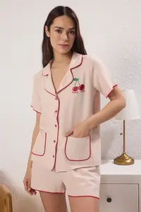 TRENDYOLMİLLA Beige Cherry Embroidered Piped Satin OF shorts Weaving Pajama Set - Image 2