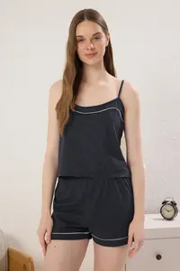 TRENDYOLMİLLA Navy Blue Striped Piped Rope Sleeveless OF shorts Knitting Pajama Set
