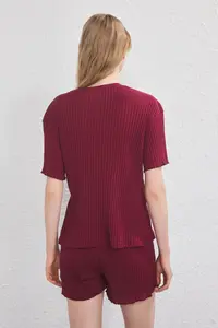 TRENDYOLMİLLA Burgundy Slogan and Heart Embroidered Ribbed OF shorts Knitting Pajama Set - Image 4