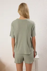 TRENDYOLMİLLA MINT Slogan and Heart Embroidered Ribbed OF shorts Knitting Pajama Set - Image 4