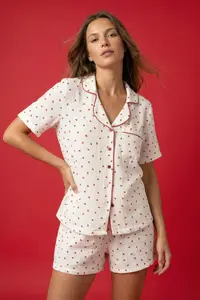 TRENDYOLMİLLA White 100% Cotton Kalpli Piped Muslin OF shorts Weaving Pajama Set