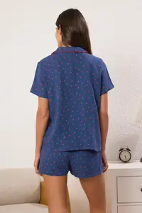 TRENDYOLMİLLA Navy Blue 100% Cotton Kalpli Piped Muslin OF shorts Weaving Pajama Set - Image 4
