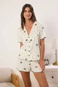 TRENDYOLMİLLA Ecru 100% Cotton Ribbon/Bow and Polka Dot Patterned OF shorts Knitting Pajama Set - Image 2