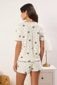 TRENDYOLMİLLA Ecru 100% Cotton Ribbon/Bow and Polka Dot Patterned OF shorts Knitting Pajama Set - Image 4