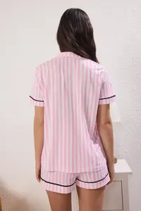 TRENDYOLMİLLA Pink Striped Piped OF shorts Knitting Pajama Set - Image 4