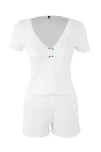 TRENDYOLMİLLA Ecru Lace and Rose Accessory Detailed Ribbed OF shorts Knitting Pajama Set - Image 5
