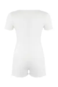 TRENDYOLMİLLA Ecru Lace and Rose Accessory Detailed Ribbed OF shorts Knitting Pajama Set - Image 6