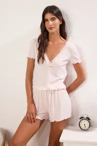 TRENDYOLMİLLA Pink Lace and Rose Accessory Detailed Ribbed OF shorts Knitting Pajama Set