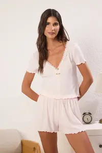 TRENDYOLMİLLA Pink Lace and Rose Accessory Detailed Ribbed OF shorts Knitting Pajama Set - Image 2