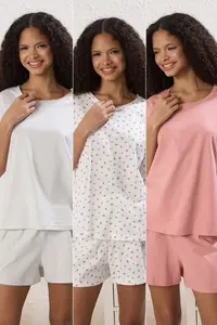 TRENDYOLMİLLA Multicolored 3 Sets 100% Cotton Floral OF shorts Knitting Pajama Set