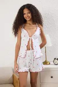 TRENDYOLMİLLA White 100% Cotton Kalpli Frilly Pointel Cellular/Delikli OF shorts Knitting Pajama Set