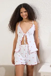 TRENDYOLMİLLA White 100% Cotton Kalpli Frilly Pointel Cellular/Delikli OF shorts Knitting Pajama Set - Image 2