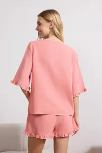 TRENDYOLMİLLA Dusty Rose 100% Cotton Bohem tied up/with bow Muslin OF shorts Weaving Pajama Set - Image 4
