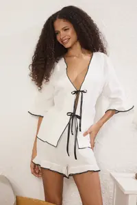 TRENDYOLMİLLA White 100% Cotton Bohem tied up/with bow Muslin OF shorts Weaving Pajama Set - Image 2