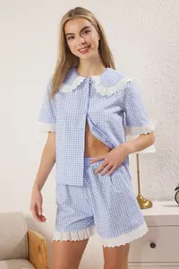 TRENDYOLMİLLA Mavi Cotton Gingham Lace Detailed Poplin OF shorts Weaving Pajama Set - Image 2