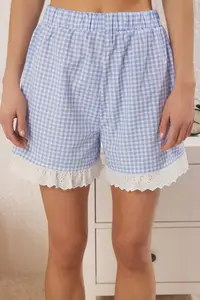 TRENDYOLMİLLA Mavi Cotton Gingham Lace Detailed Poplin OF shorts Weaving Pajama Set - Image 3