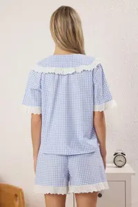 TRENDYOLMİLLA Mavi Cotton Gingham Lace Detailed Poplin OF shorts Weaving Pajama Set - Image 4
