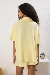 TRENDYOLMİLLA Yellow Ruffle Detailed Viscose OF shorts Weaving Pajama Set - Image 4