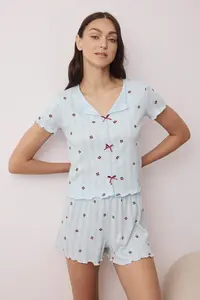 TRENDYOLMİLLA Mavi 100% Cotton Cherry Ribbon/with bow Ribbed OF shorts Knitting Pajama Set - Image 2