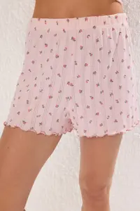 TRENDYOLMİLLA Pink 100% Cotton Floral Ribbon/with bow Ribbed OF shorts Knitting Pajama Set - Image 3