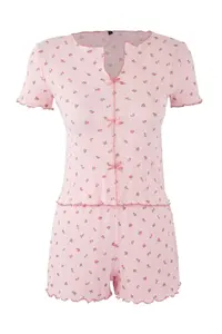 TRENDYOLMİLLA Pink 100% Cotton Floral Ribbon/with bow Ribbed OF shorts Knitting Pajama Set - Image 5