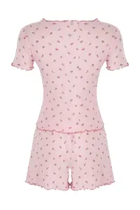TRENDYOLMİLLA Pink 100% Cotton Floral Ribbon/with bow Ribbed OF shorts Knitting Pajama Set - Image 6