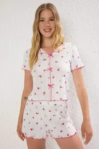 TRENDYOLMİLLA White-Pink 100% Cotton Floral Ribbon/with bow Ribbed OF shorts Knitting Pajama Set