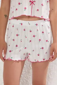 TRENDYOLMİLLA White-Pink 100% Cotton Floral Ribbon/with bow Ribbed OF shorts Knitting Pajama Set - Image 3