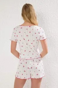 TRENDYOLMİLLA White-Pink 100% Cotton Floral Ribbon/with bow Ribbed OF shorts Knitting Pajama Set - Image 4