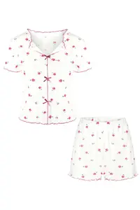 TRENDYOLMİLLA White-Pink 100% Cotton Floral Ribbon/with bow Ribbed OF shorts Knitting Pajama Set - Image 5