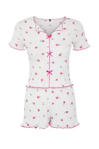 TRENDYOLMİLLA White-Pink 100% Cotton Floral Ribbon/with bow Ribbed OF shorts Knitting Pajama Set - Image 6