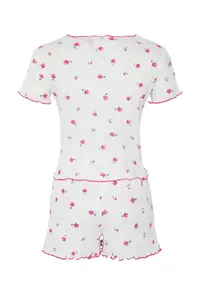 TRENDYOLMİLLA White-Pink 100% Cotton Floral Ribbon/with bow Ribbed OF shorts Knitting Pajama Set - Image 7