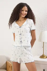 TRENDYOLMİLLA White 100% Cotton Floral Ribbon/with bow Ribbed OF shorts Knitting Pajama Set