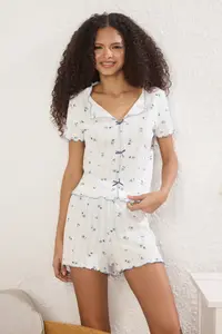 TRENDYOLMİLLA White 100% Cotton Floral Ribbon/with bow Ribbed OF shorts Knitting Pajama Set - Image 2