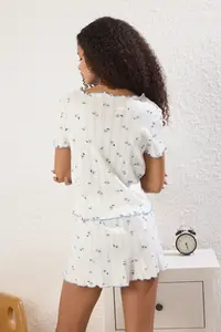 TRENDYOLMİLLA White 100% Cotton Floral Ribbon/with bow Ribbed OF shorts Knitting Pajama Set - Image 4