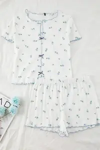 TRENDYOLMİLLA White 100% Cotton Floral Ribbon/with bow Ribbed OF shorts Knitting Pajama Set - Image 5