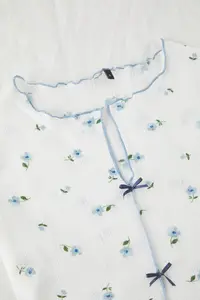 TRENDYOLMİLLA White 100% Cotton Floral Ribbon/with bow Ribbed OF shorts Knitting Pajama Set - Image 7