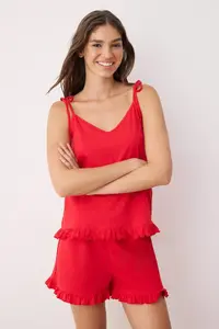 TRENDYOLMİLLA Red 100% Cotton Frilly and Binding Detailed OF shorts Knitting Pajama Set - Image 2