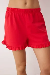 TRENDYOLMİLLA Red 100% Cotton Frilly and Binding Detailed OF shorts Knitting Pajama Set - Image 3