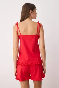 TRENDYOLMİLLA Red 100% Cotton Frilly and Binding Detailed OF shorts Knitting Pajama Set - Image 4
