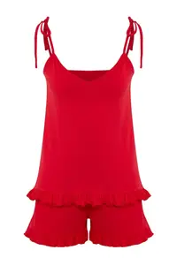 TRENDYOLMİLLA Red 100% Cotton Frilly and Binding Detailed OF shorts Knitting Pajama Set - Image 5