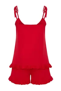 TRENDYOLMİLLA Red 100% Cotton Frilly and Binding Detailed OF shorts Knitting Pajama Set - Image 6