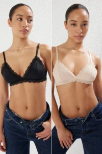 TRENDYOLMİLLA Black-Nude 2 Sets Paket Micro Without underwire Covered Lace Detailed Sleeveless Triangle Knitting Bra